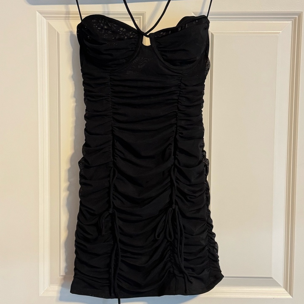 White fox black mesh mini dress with front keyholes